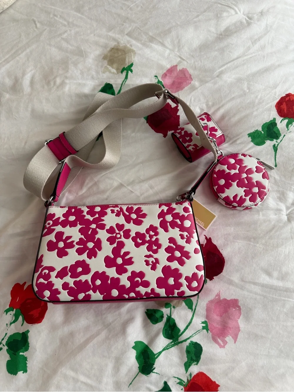 Michael Kors Dragonfruit Floral Print Crossbody Bag Coin Bag& Apple AirPods Case
